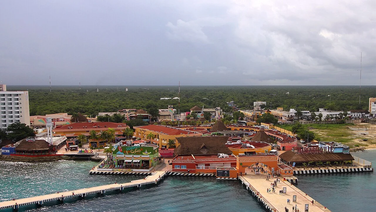 International Cruise Terminal waterfront and passenger piers in Cozumel, photographed in 2023
