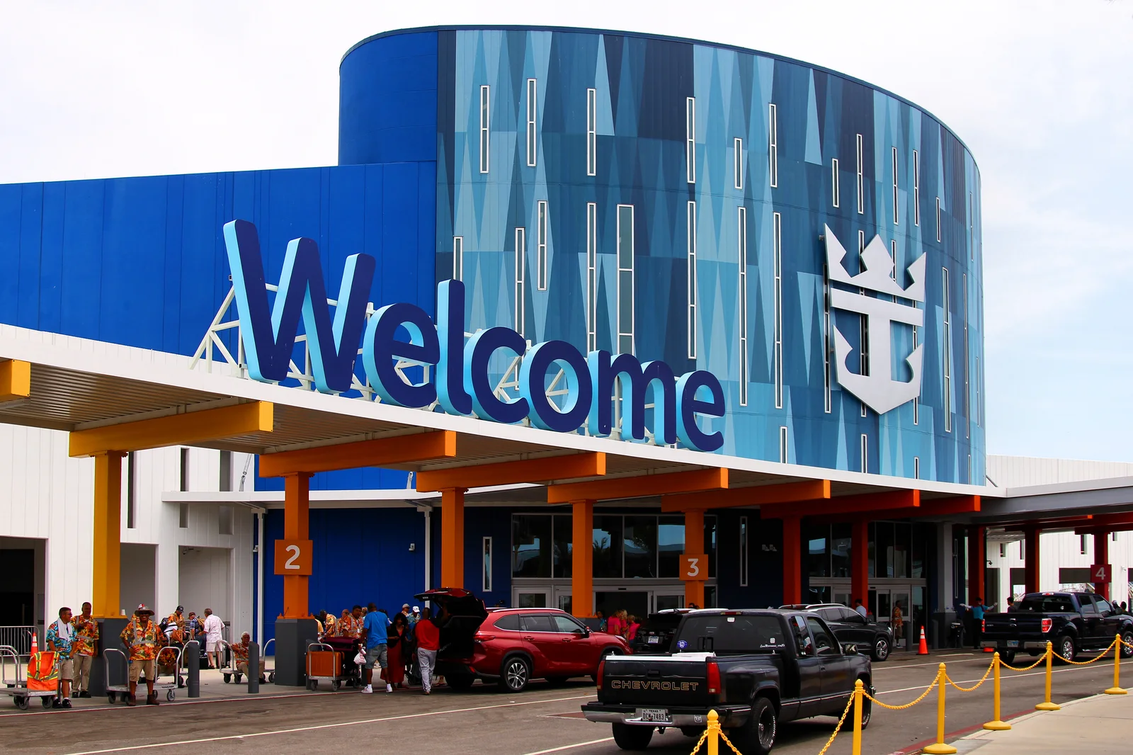 Passengers and vehicles outside Royal Caribbean Terminal 10 in Galveston in August 2023