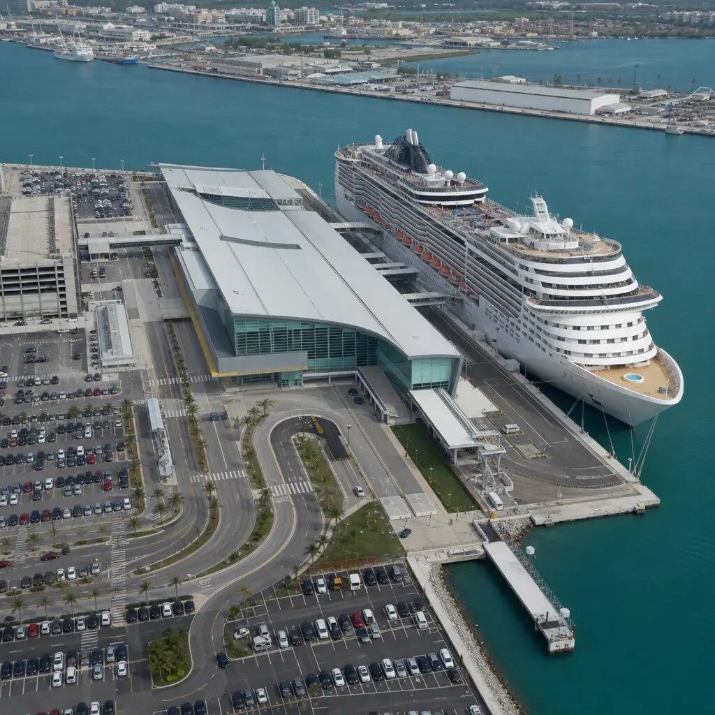 Aerial view of a modern cruise ship terminal with two ships at the dock