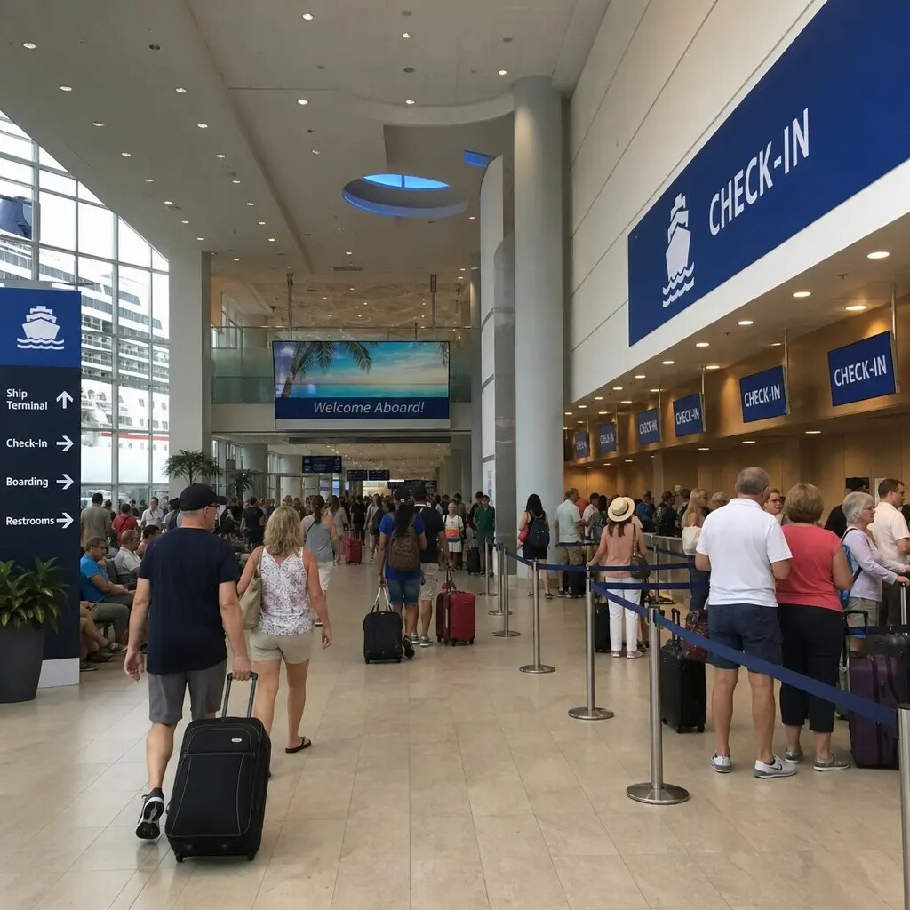 Interior of a modern cruise passenger terminal with check-in counters