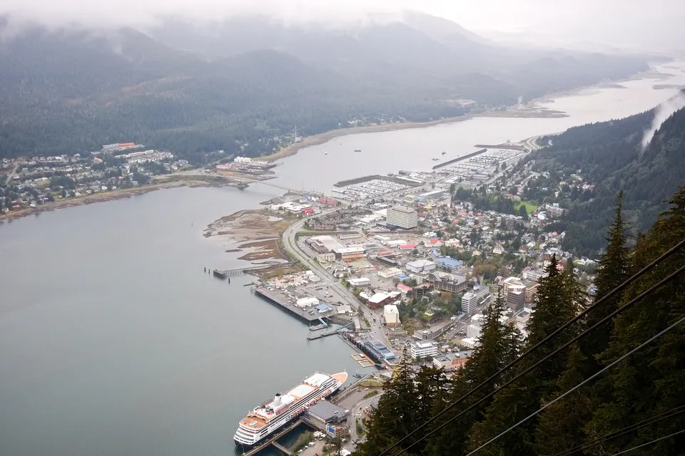 Downtown Juneau, cruise docks and Douglas Island viewed from the Mount Roberts Tramway in 2014