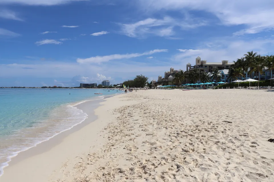Seven Mile Beach on Grand Cayman facing north, photographed in May 2026