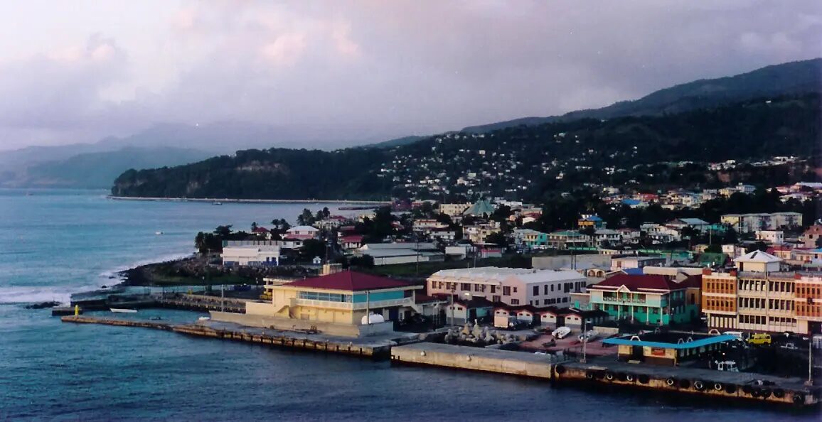 Roseau waterfront beneath the green mountains of Dominica
