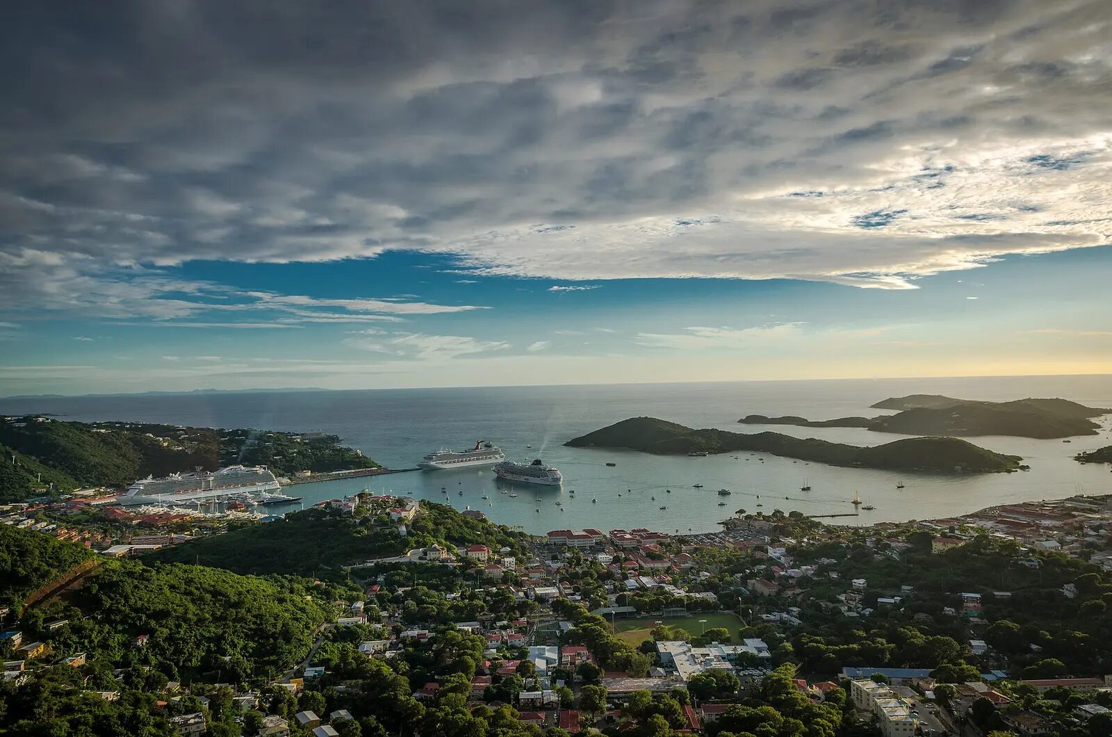 Hillside view over the harbor and islands of St. Thomas